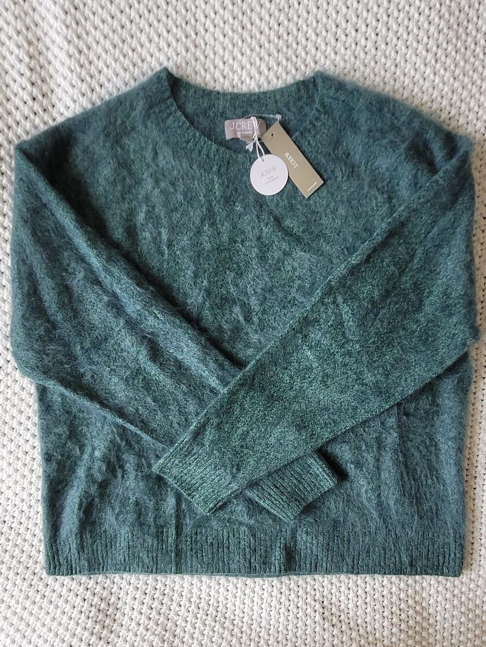 NWT J. Crew Brushed Cashmere Marled Relaxed Crewneck Sweater, Green Navy Marl
